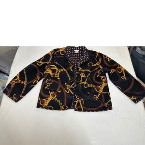 PATTY KIM Quilted Jacket Women's Size M Black horse bit/ equestrian Print Blazer